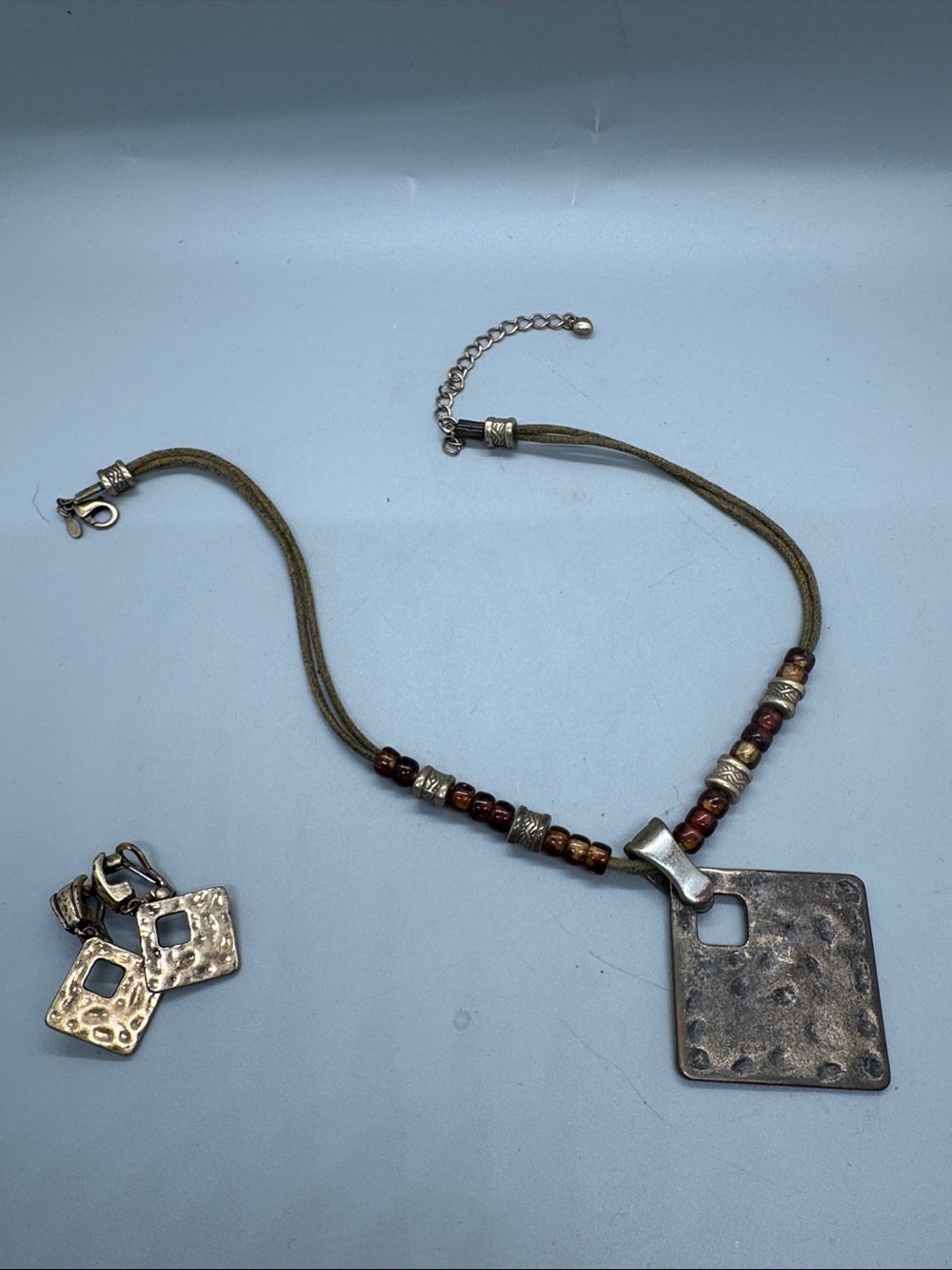 Boho Hammered Square Pendant Necklace in Olive and Brown with Silver Accents